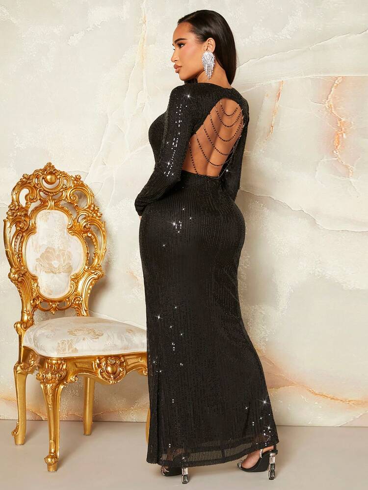 Elegant Long Evening Dress With Shiny Sequin, Backless And Deep V-Neck For Women, Perfect For Birthday Party, Nightclub, New Year'S Eve, Valentine's Day, Christmas And Any Other Formal Occasion