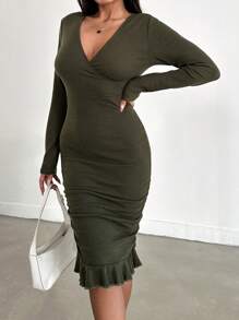 EURMUSE Pleated Bodycon Long Sleeve Dress - Green - View 2