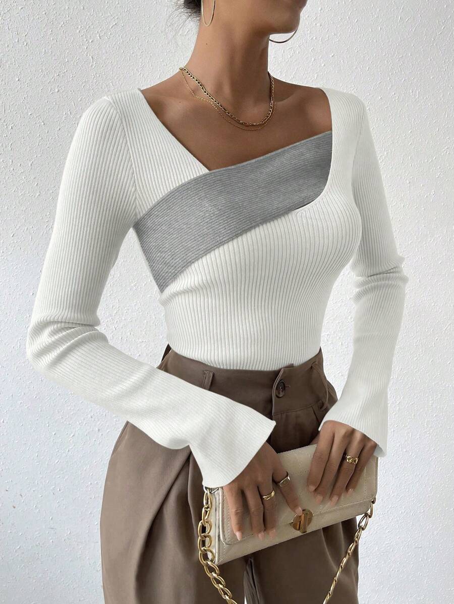 Chiquease 不對稱領口拼色拼接毛衣 - 白色 - 查看 1