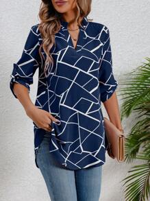SHEIN LUNE Women's Geometric Printed Roll-up Sleeve Shirt - Navy Blue - View 6