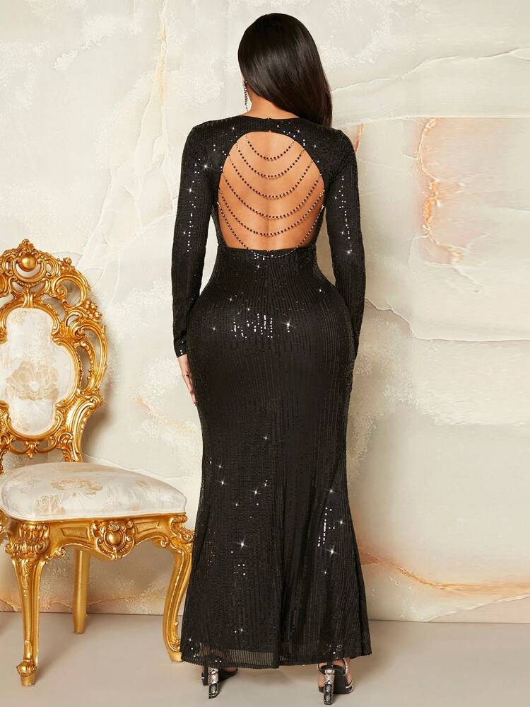 Elegant Long Evening Dress With Shiny Sequin, Backless And Deep V-Neck For Women, Perfect For Birthday Party, Nightclub, New Year'S Eve, Valentine's Day, Christmas And Any Other Formal Occasion