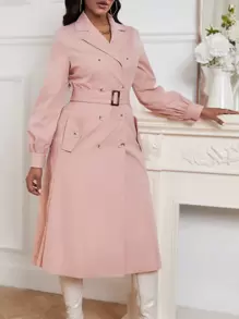 SHEIN Clasi 女性雙排扣腰帶風衣 - 粉色 - 查看 3