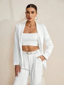 SHEIN BIZwear Màu thuần Vòng cổ Nút đơn Áo vest áo - trắng - Xem 7