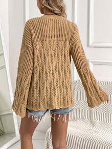 SHEIN Maternity Solid Color Round Neck Hollow Knitted Sweater, For Winter - Khaki - View 3