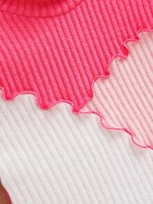 SHEIN 女童肋紋針織彩塊立領休閒t卹 - 玫紅色 - 查看 3