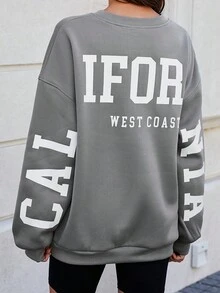 SHEIN EZwear 字母印花落肩套頭衫 - 淺灰色 - 查看 3