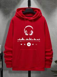 Men's Earphone Printed Drawstring Hooded Long Sleeve Sweatshirt - Red - View 1