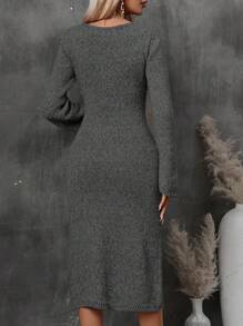 SHEIN Clasi Cổ chữ V Tay áo chuông Giải trí Áo len dệt kim Đầm - Xám - Xem 2