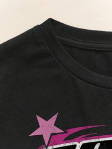 SHEIN Tween 女孩休閒機車&字母印花短袖 T 卹 - 黑色 - 查看 5