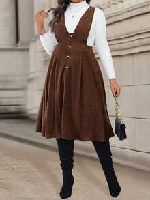 Calvaya Women's Plus Size Corduroy Dress With Front Button - Brown - View 5