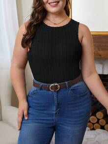 SHEIN Frenchy Plus Size Cable Knitted Tank Top For Summer - Black - View 8