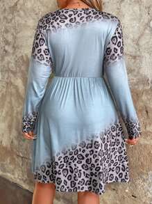 SHEIN LUNE 大尺碼女士豹紋長袖連衣裙 - 霧霾藍 - 查看 2