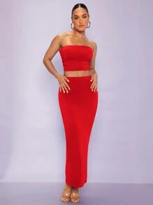 Silquee Conjunto De Falda Y Top Sin Tirantes Plisado Para Mujer - Rojo - Ver 5