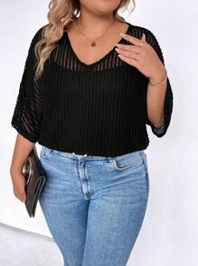 SHEIN LUNE Plus Size Women'S Batwing Sleeve Tops - Black - View 4