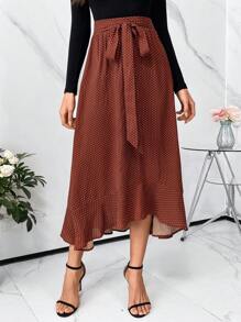 SHEIN Clasi Women's Polka Dot Print Belted Skirt With Ruffle Hem - Coffee Brown - View 4