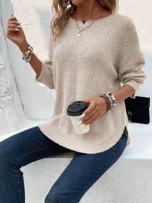 SHEIN LUNE Của phụ nữ Màu thuần Thả vai Áo len - Màu be - Xem 4
