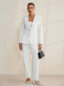 SHEIN BIZwear Màu thuần Vòng cổ Nút đơn Áo vest áo - trắng - Xem 6