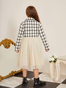 Tween Girl 1pc Plaid Pattern Double Breasted Mesh Hem Overcoat - Black and White - View 6