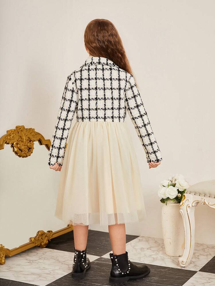 Tween Girl 1pc Plaid Pattern Double Breasted Mesh Hem Overcoat