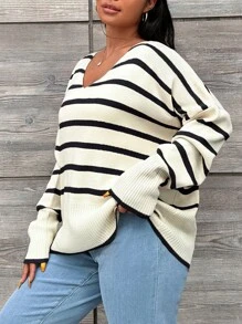 EURMUSE 大码 V 领落肩毛衣套头衫，适合冬季