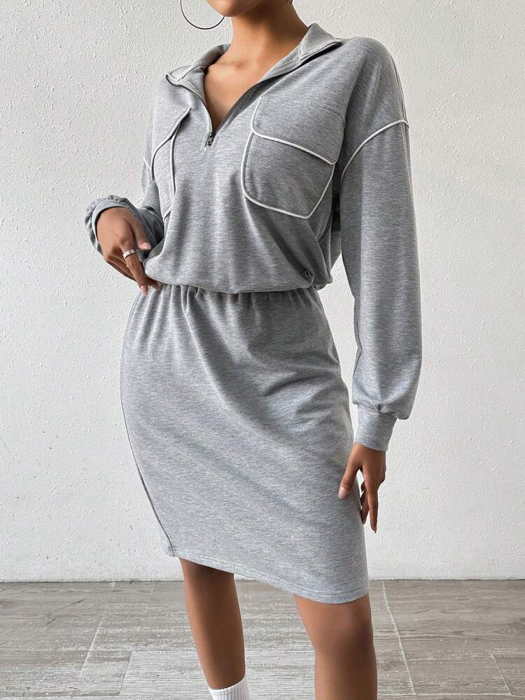 Color Block Half Zipper Drop Shoulder Sweatshirt With Rolled Edges Pullover Fall Outfit