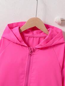 SHEIN Tween Girls' Solid Color Zipper Closure Hooded Jacket With Raglan Sleeves - Hot Pink - View 6