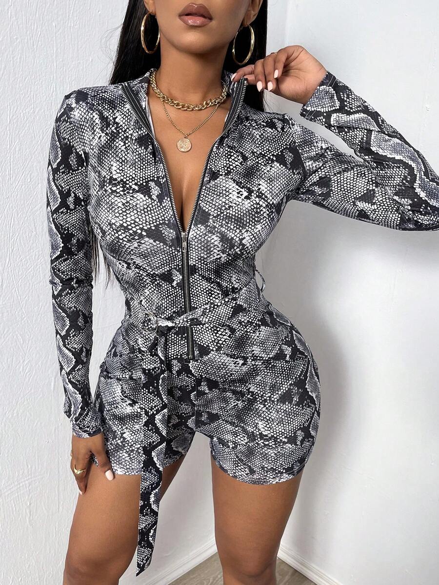 VaVaBold 蛇紋印花緊身連身衣 - 灰色 - 查看 1