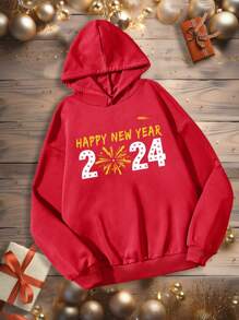 SHEIN LUNE Loose Women's Hoodie With Letter Print - Red - View 2