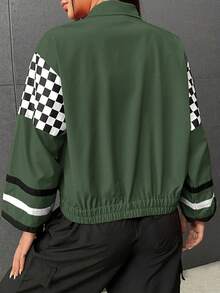 SHEIN EZwear 女士格紋凸起翻領摩托夾克 - 軍綠色 - 查看 2
