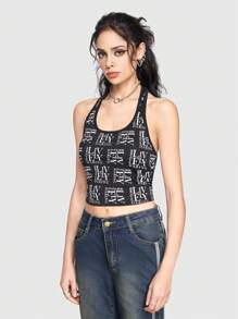 ROMWE Grunge Punk 女士性感緊身街頭戶外風格字母印花露背背心 - 黑色 - 查看 5