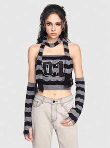 ROMWE Grunge Punk Street Style Outdoor Knitted Top For Women With Letter Patch, Embroidered Flower And Black & Grey Stripes Design, Comes With Sleevelet And Scarf - Black - View 1