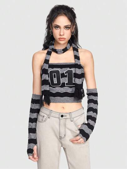 Grunge Punk Street Style Outdoor Knitted Top For Women With Letter Patch, Embroidered Flower And Black & Grey Stripes Design, Comes With Sleevelet And Scarf
