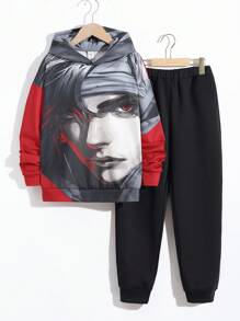 Zweiteiliges Set Für Jungen Mit Kapuzenpullover Und Hose Im Farbblockdesign Mit Cartoon Muster
