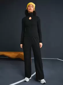 Street Sport Women'S Ribbed Long Sleeve T-Shirt And Split Wide Leg Sports Pants Set - Black - View 3