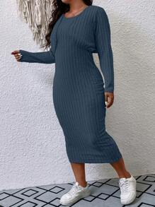 Calvaya Conjunto de dos piezas: Torera con mangas largas y vestido tipo tanque acanalado para mujeres de talla grande - Azul lavado oscuro - Ver 4