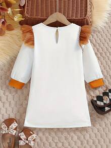 SHEIN Váy dài tay in họa tiết dễ thương cho bé gái với tay áo lưới ghép nối - trắng - Xem 2