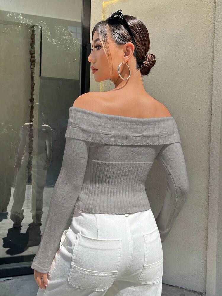 Women's Solid Color Asymmetric Off Shoulder Sweater With Tie Strap Knit Pullover Fall Winter Sweater