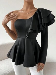 SHEIN Privé Top Ribeteado Con Volantes De Un Hombro