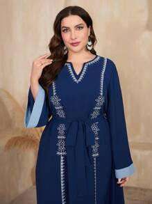 Al Najma Plus Size Notched Collar Flouncing Edge Joint Long Sleeve Dress Kaftan Jalabiya Dress - Dusty Blue - View 4
