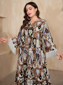 Al Najma Plus Size Women's Floral Printed Patchwork Furry Sleeve Cuff Dress - Brown - View 6
