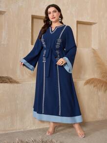Al Najma Plus Size Notched Collar Flouncing Edge Joint Long Sleeve Dress Kaftan Jalabiya Dress - Dusty Blue - View 5