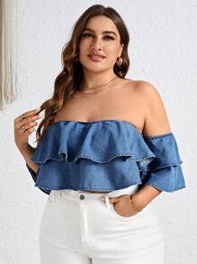 SHEIN VCAY 大码露肩荷叶边牛仔上衣 - 中等水洗藍 - 查看 5