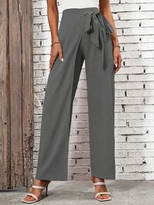 SHEIN Clasi Two Tone Knot Side Straight Leg Pants - Dark Grey - View 5