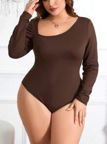 SHEIN Privé Plus Size Women'S Elegant Asymmetrical Neckline Bodysuit - Coffee Brown - View 4