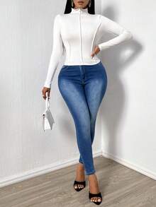 SHEIN Essnce Long Sleeve Stand Collar T-shirt - White - View 4