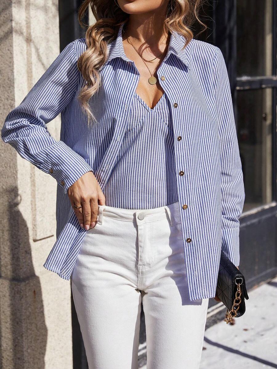 SHEIN Clasi Blau Gestreiftes 2 Stücke Outfit - Aprikosenfarben - Übersicht 1