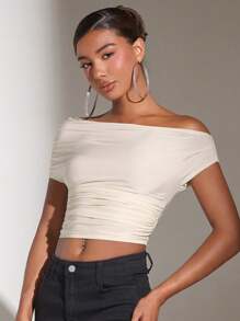 SHEIN BAE Solid Color Off-shoulder Pleated Top - Apricot - View 9