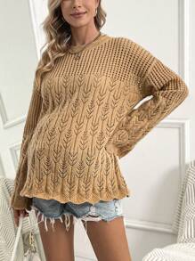SHEIN Maternity Solid Color Round Neck Hollow Knitted Sweater, For Winter - Khaki - View 5
