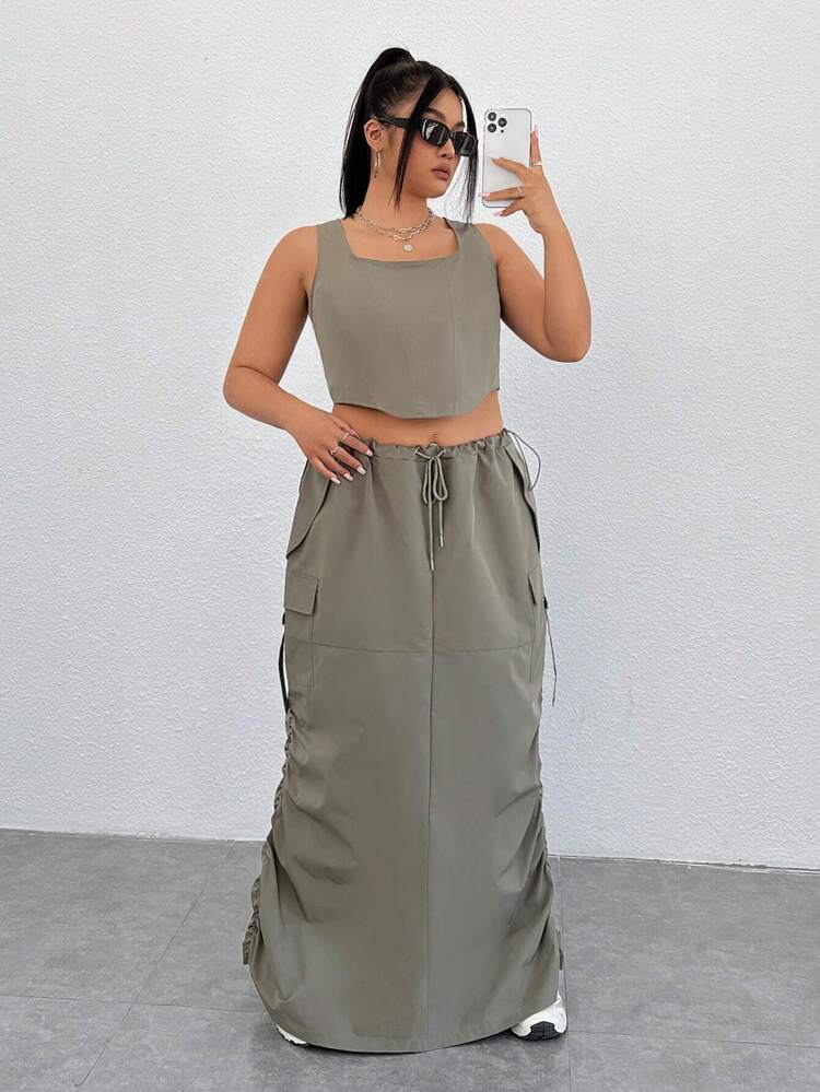 Plus Size Women's Tank Top And Drawstring Waist Utility Skirt Two Piece Set