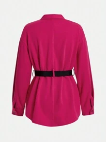 SHEIN EZwear Women's Notched Lapel Tie Waist Woolen Coat - Hot Pink - View 2